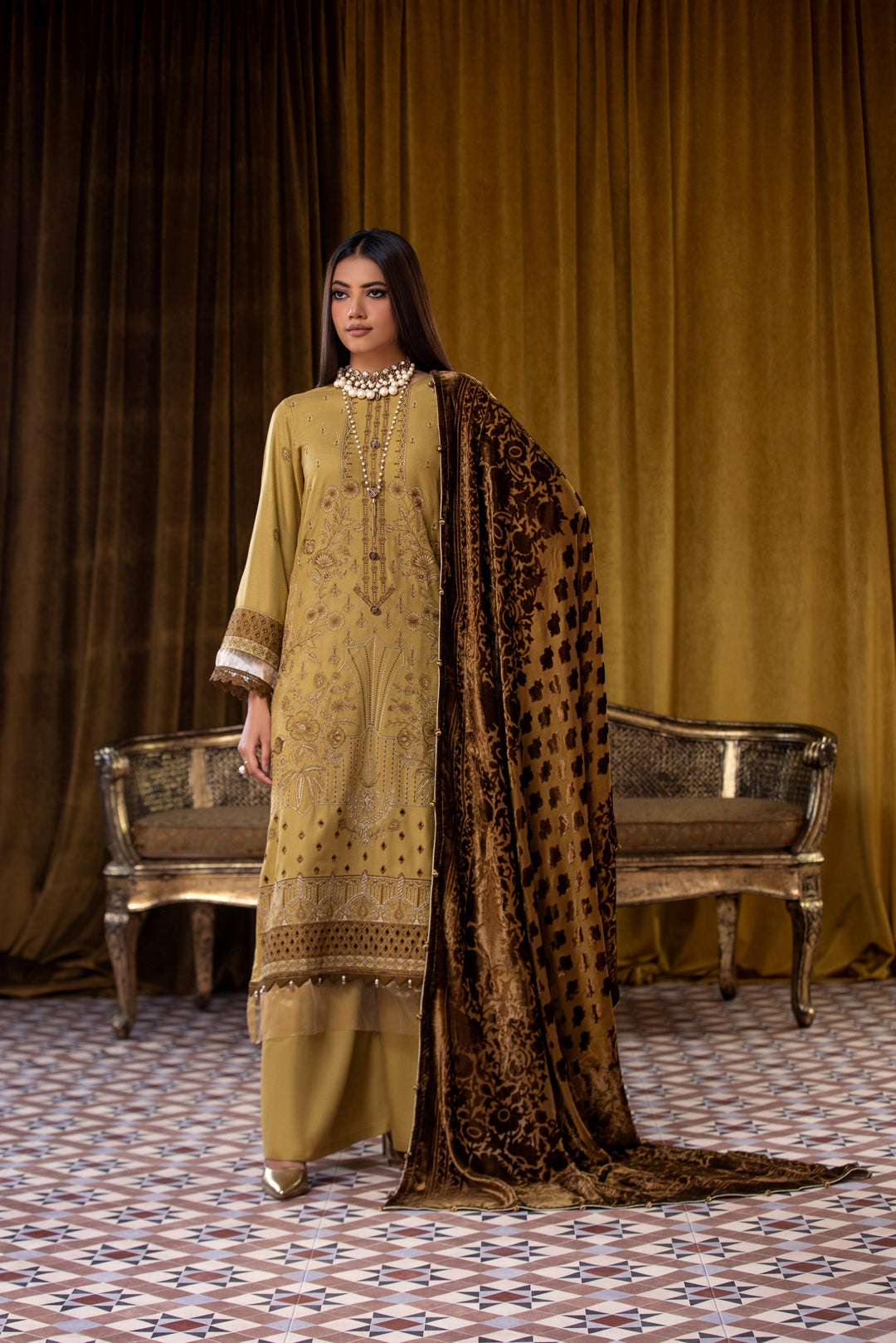 Embroidered Wool Mustard Stitched Suit - Lala Brocade Vol I