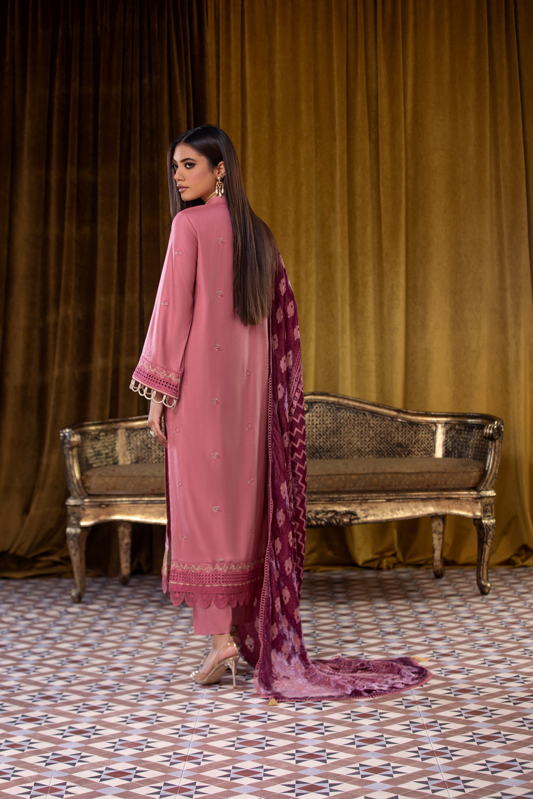 Embroidered Wool Pink Stitched Suit - Lala Brocade Vol I