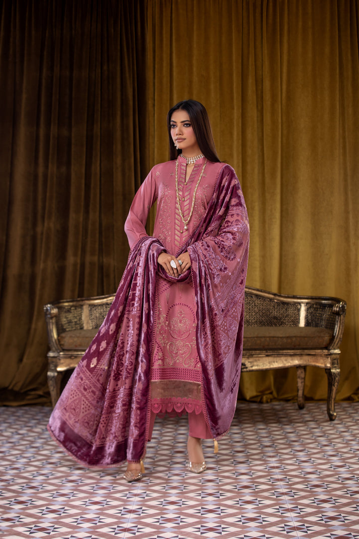 Embroidered Wool Pink Stitched Suit - Lala Brocade Vol I
