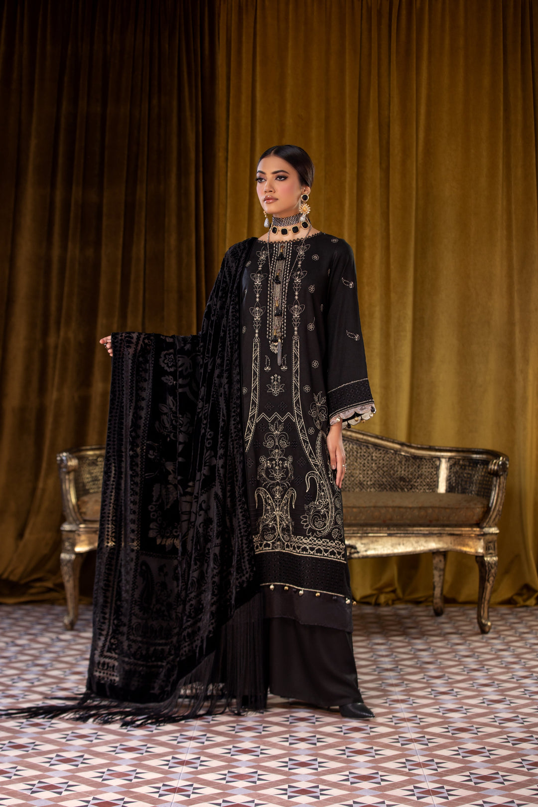 Embroidered Wool Black Stitched Suit - Lala Brocade Vol I