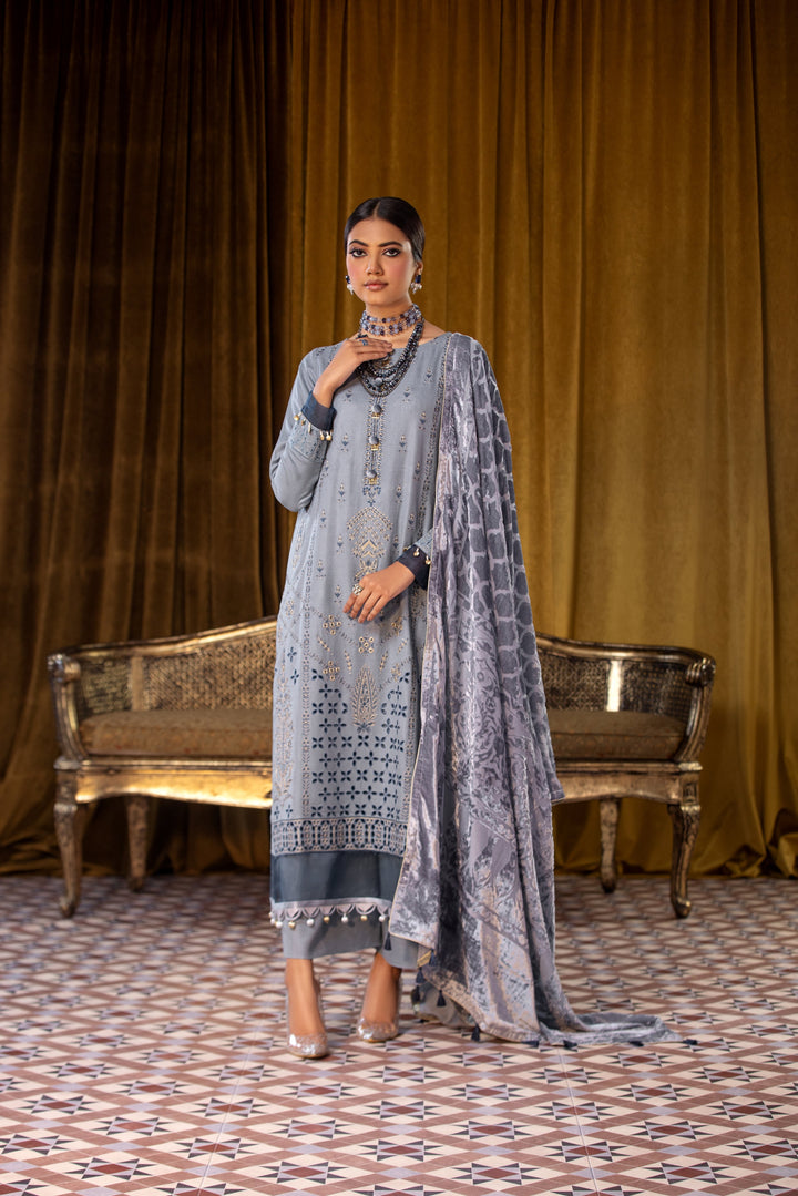 Embroidered Wool Grey Stitched Suit - Lala Brocade Vol I