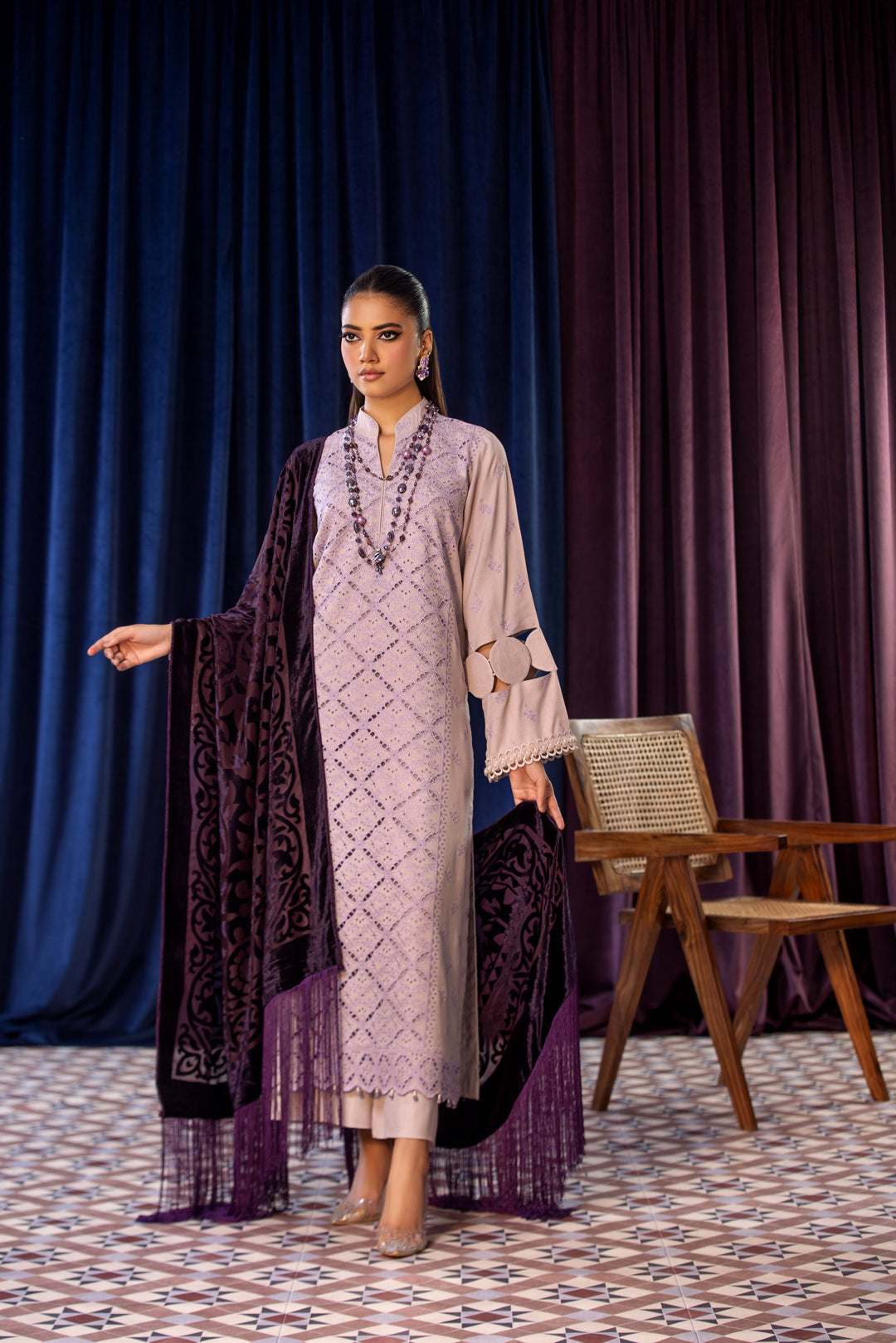 Embroidered Wool Lilac Stitched Suit - Lala Brocade Vol I