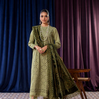 Embroidered Wool Sage Stitched Suit - Lala Brocade Vol I