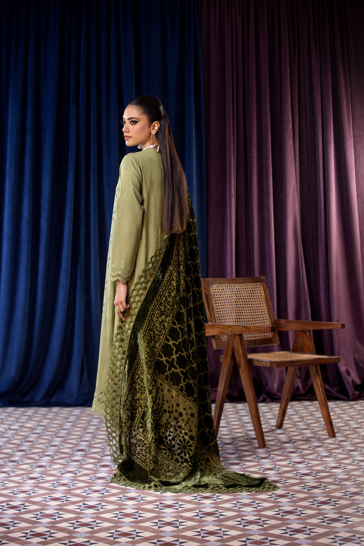 Embroidered Wool Sage Stitched Suit - Lala Brocade Vol I