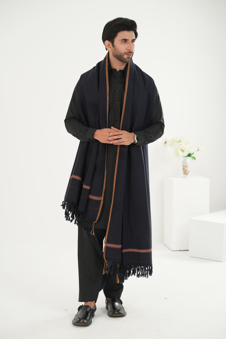 Premium Navy Blue Dhussa Wool Shawl - Jiah