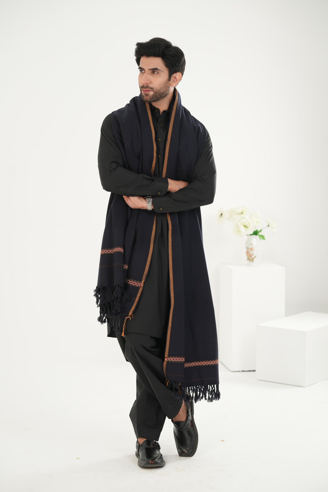 Premium Navy Blue Dhussa Wool Shawl - Jiah