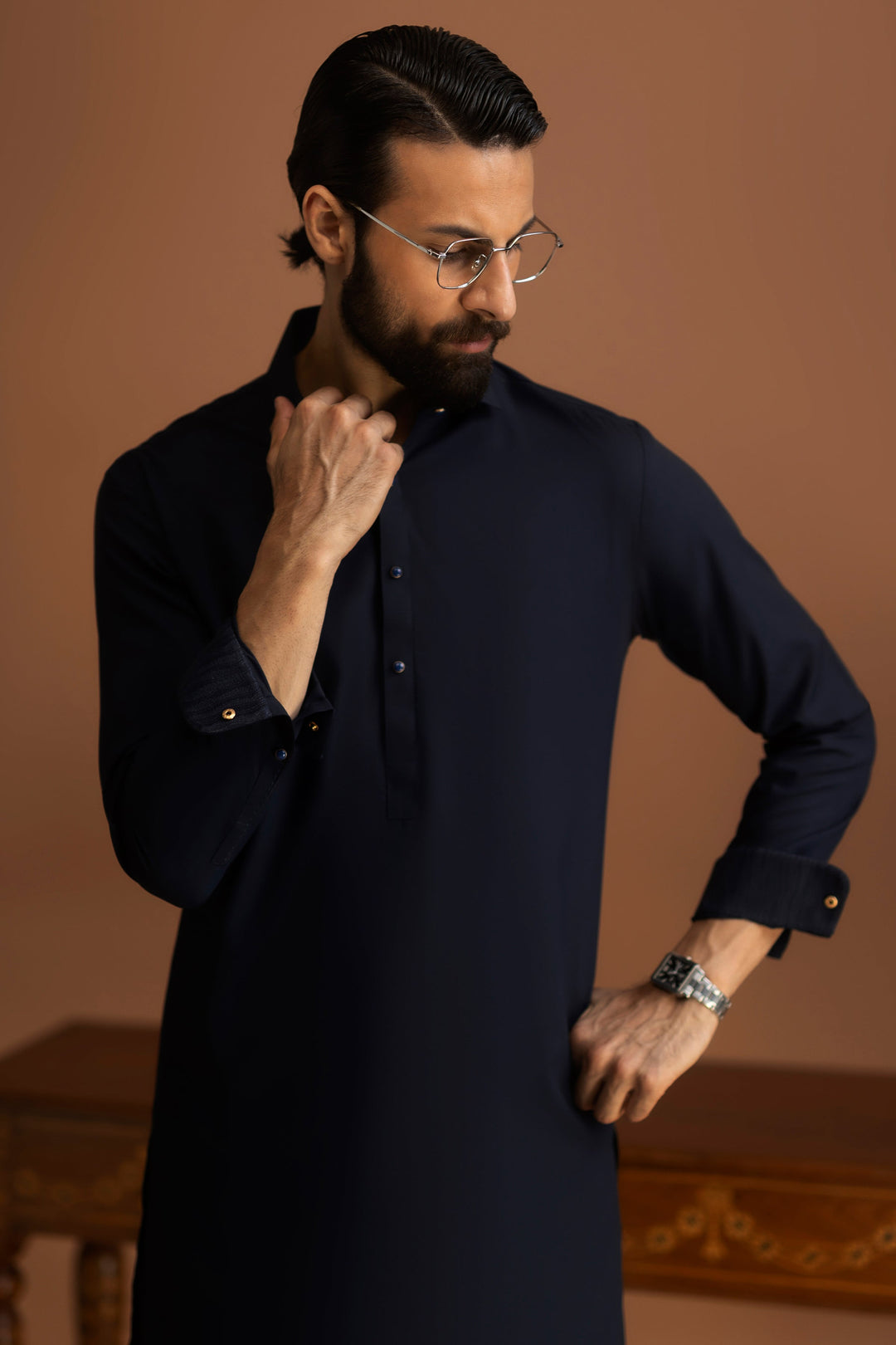 Blended Navy Shalwar Kameez - J. Junaid Jamshed