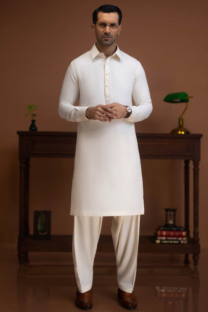 Blended Cream Shalwar Kameez - J. Junaid Jamshed