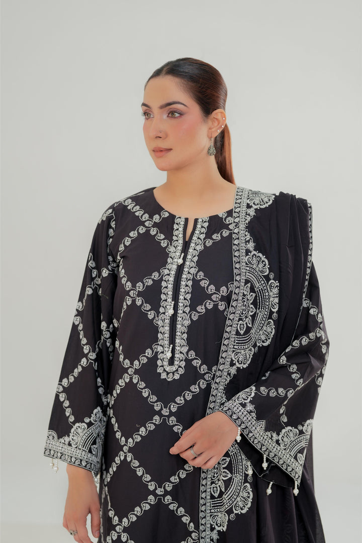 Charcoal Charm - Cross Stitch Embroidered Lawn Stitched