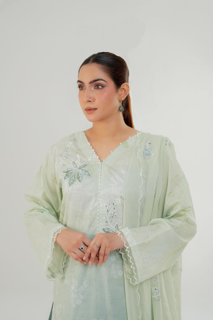 Cloud Green - Cross Stitch Embroidered Lawn Stitched