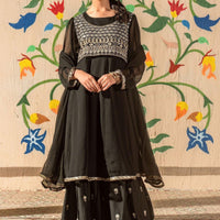 Chiffon Embroidered Black Stitched Suit - Ochre