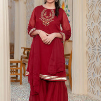 Chiffon Hand Adda Work Maroon Stitched Suit - Ochre