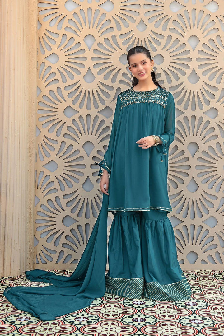 Chiffon Hand Adda Work Emerald Green Stitched Suit - Ochre