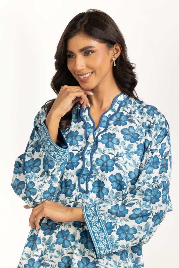 Cotton Viscose Printed White Blue Stitched Suit - Gul Ahmed
