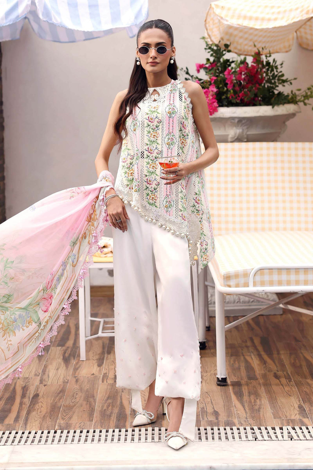Embroidered Lawn Pink & Off White Stitched Suit - Maria B M Print '26
