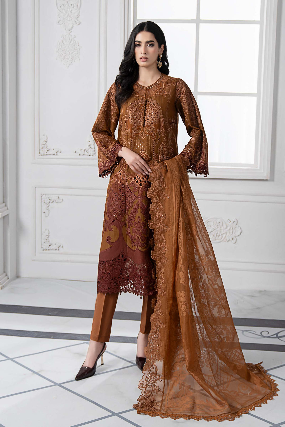 Embroidered Paper Cotton Brown Stitched Suit