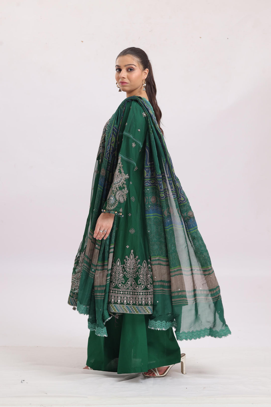Embroidered Net Green Stitched Suit - Maria B Luxury Lawn