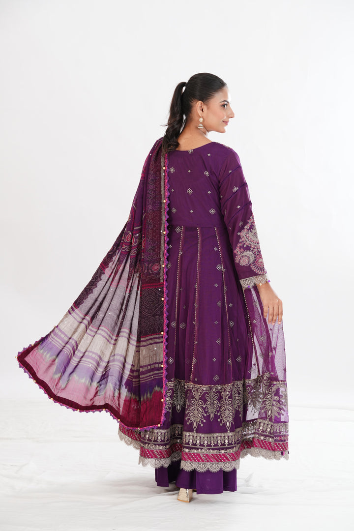 Embroidered Net Magenta Stitched Suit - Maria B Luxury Lawn