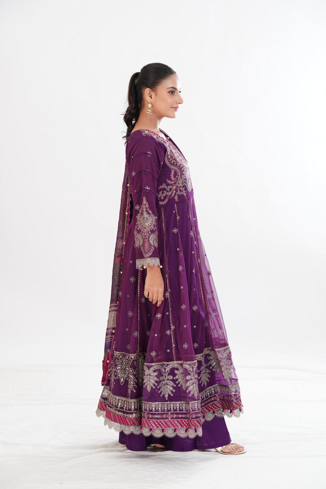 Embroidered Net Magenta Stitched Suit - Maria B Luxury Lawn