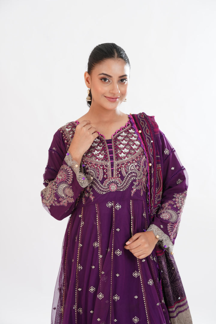Embroidered Net Magenta Stitched Suit - Maria B Luxury Lawn