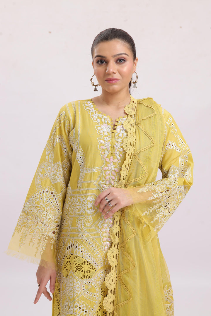 Embroidered Lawn Yellow Stitched Suit - Maria B Luxury Lawn