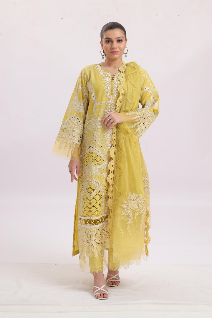 Embroidered Lawn Yellow Stitched Suit - Maria B Luxury Lawn