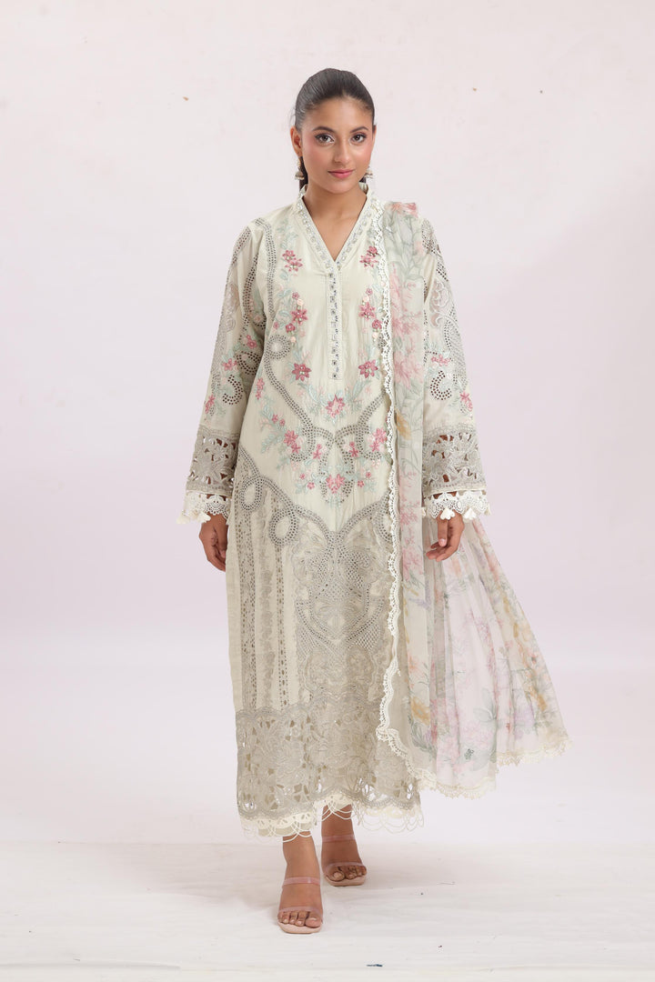 Embroidered Lawn Beige Stitched Suit - Maria B Luxury Lawn
