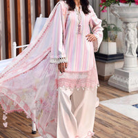 Embroidered Lawn White & Pink Stitched Suit - Maria B M Print '26