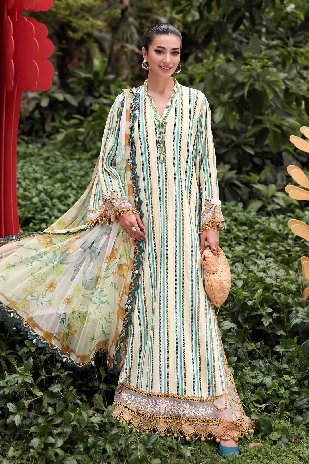 Embroidered Lawn Mustard Green Stitched Suit - Maria B M Print '26