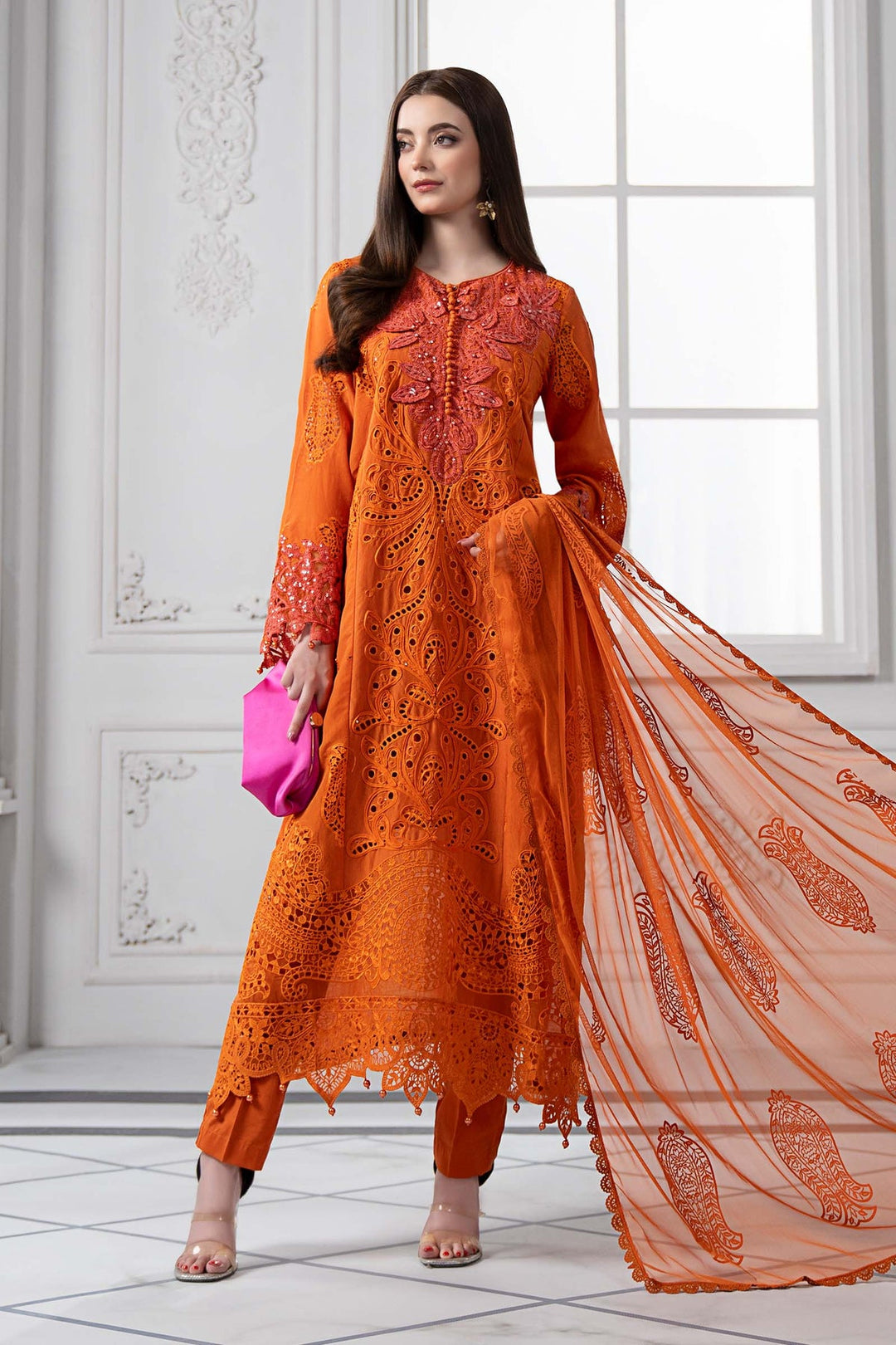 maria b orange dress Maria b MPC-21-101-Rust and Olive Green