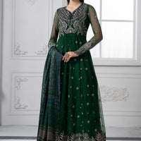 Embroidered Net Green Stitched Suit - Maria B Luxury Lawn