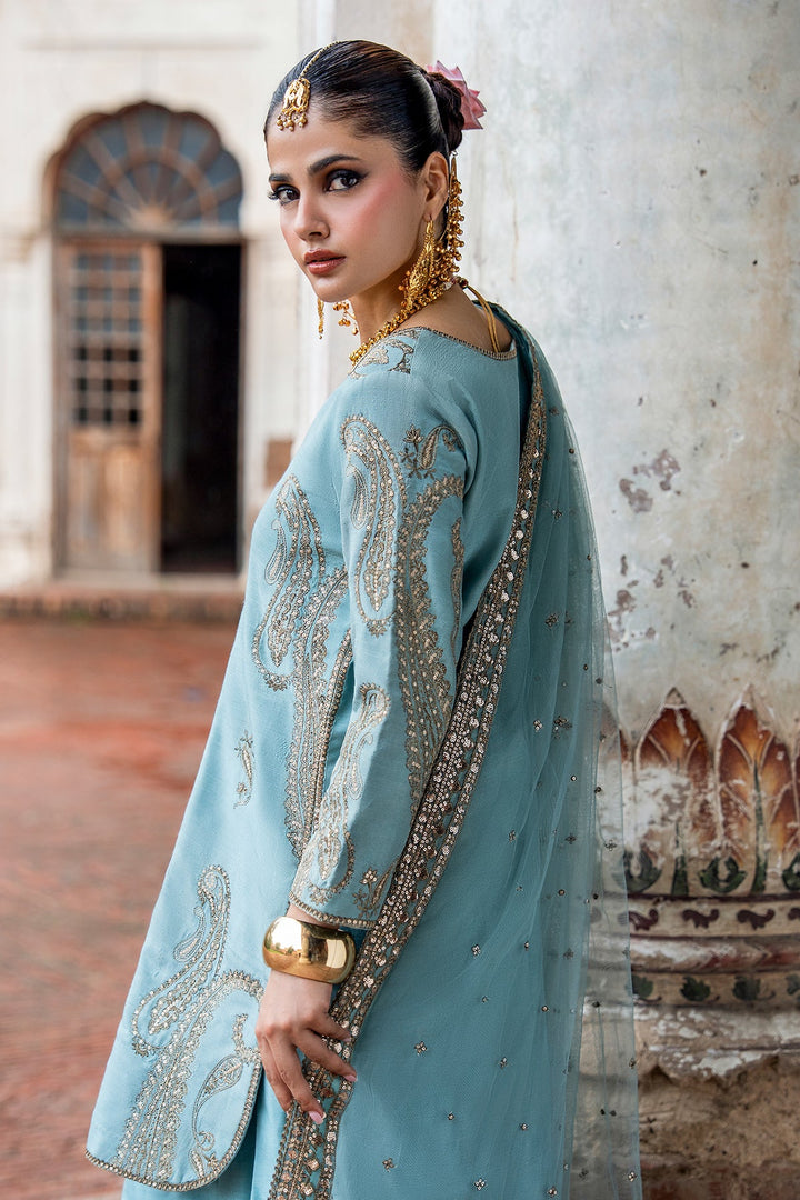 Embroidered Raw Silk Sky Blue Stitched Suit - Charizma