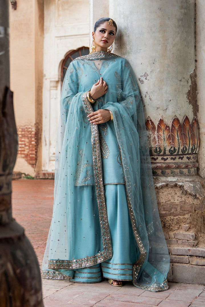 Embroidered Raw Silk Sky Blue Stitched Suit - Charizma