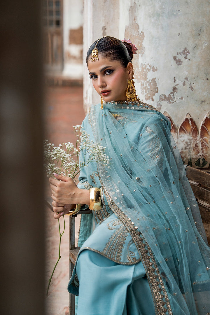 Embroidered Raw Silk Sky Blue Stitched Suit - Charizma