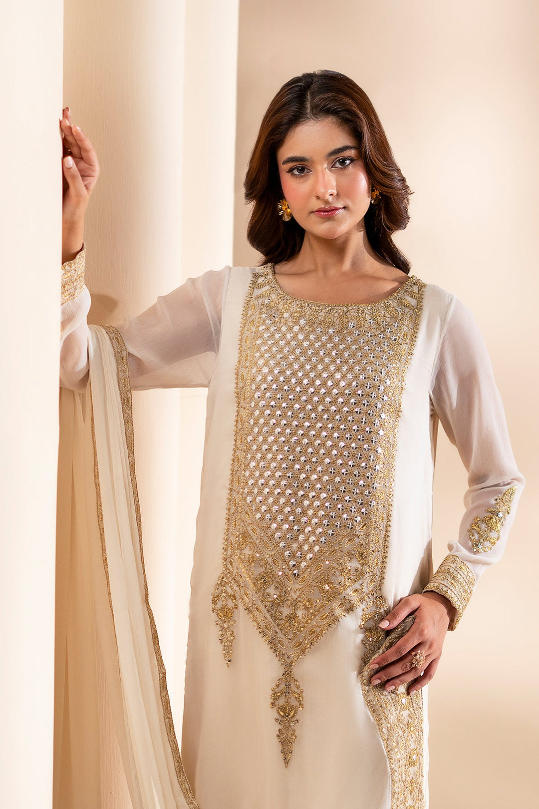 Embroidered Off White Stitched Suit - Charizma