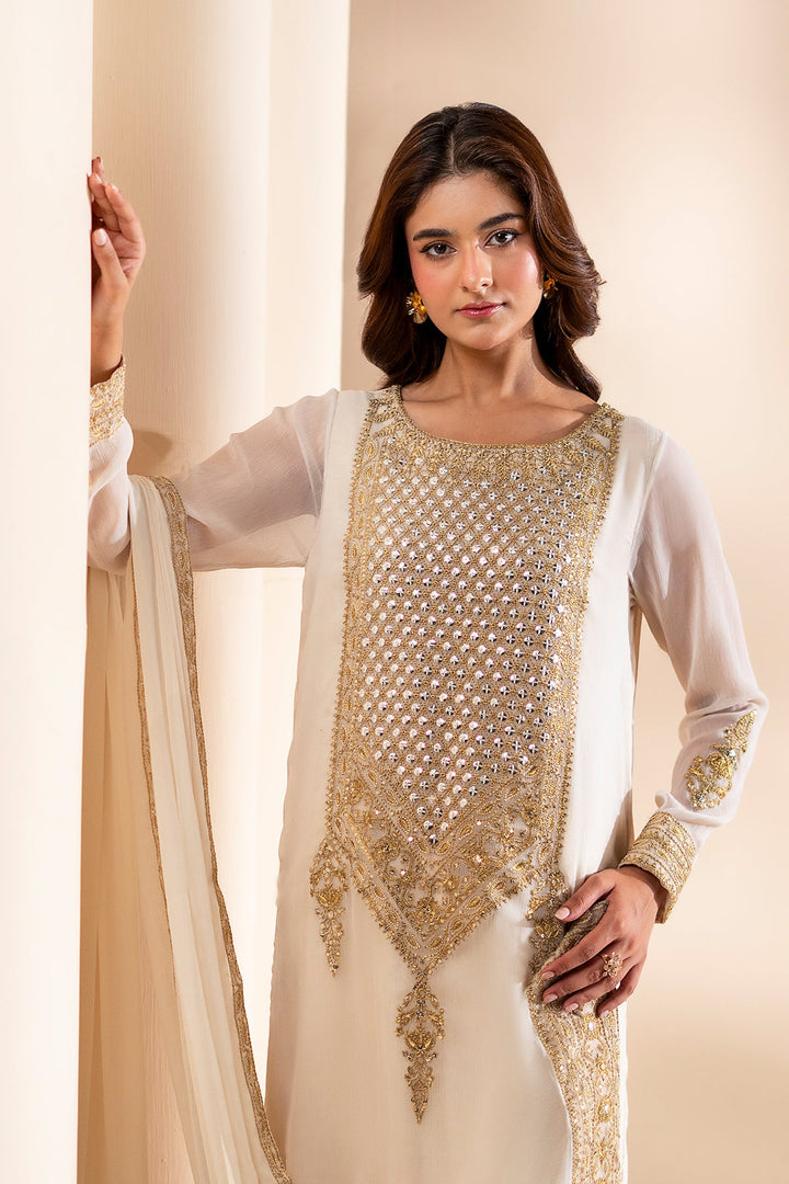 Embroidered Off White Stitched Suit - Charizma