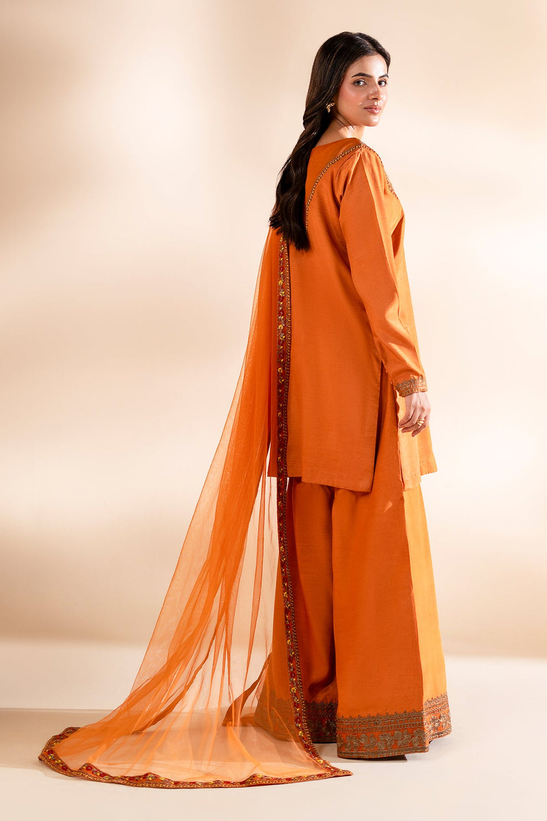Embroidered Orange Stitched Suit - Charizma