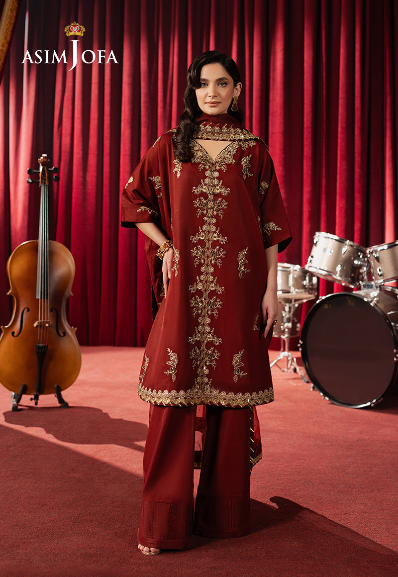 Embroidered Silk Rust Stitched Suit - Asim Jofa
