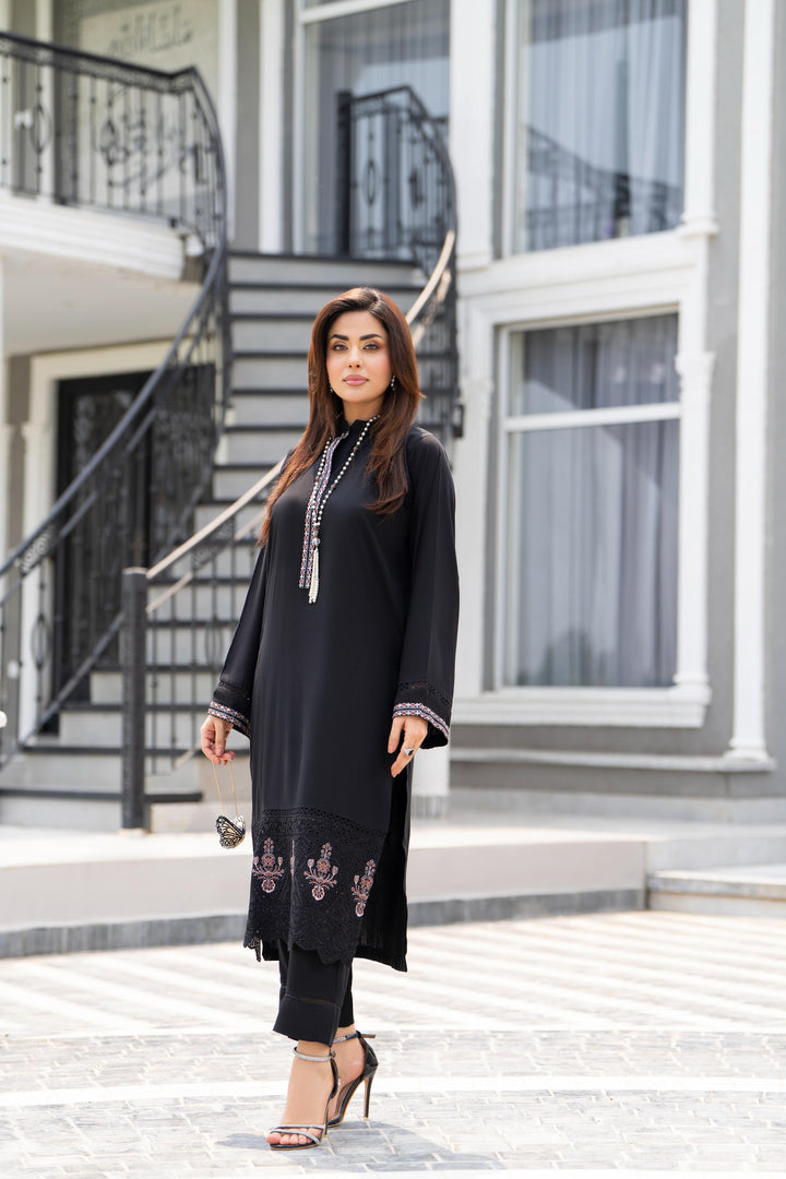 Embroidered Linen Black Stitched Suit - Raqsam