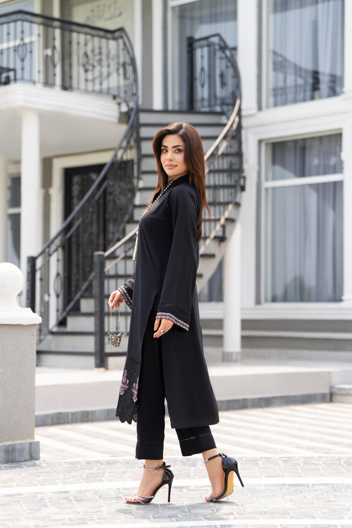 Embroidered Linen Black Stitched Suit - Raqsam