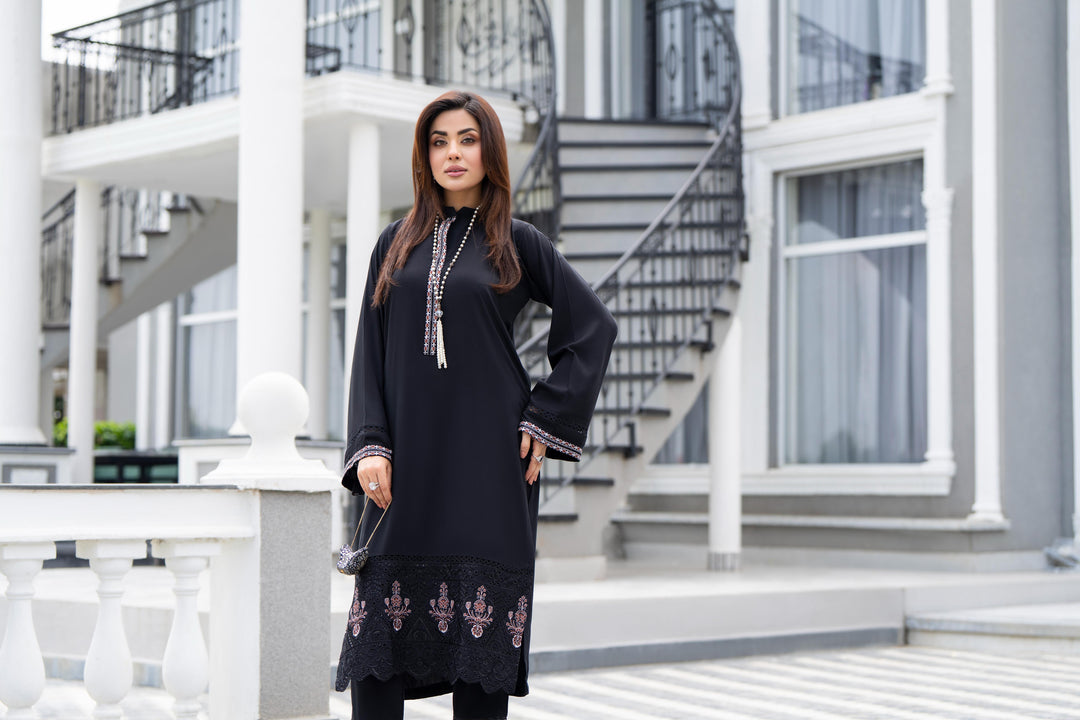 Embroidered Linen Black Stitched Suit - Raqsam