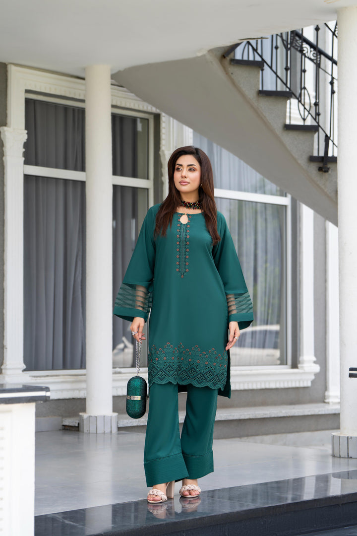 Embroidered Linen Green Stitched Suit - Raqsam