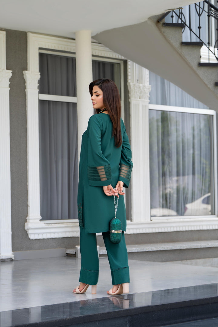 Embroidered Linen Green Stitched Suit - Raqsam