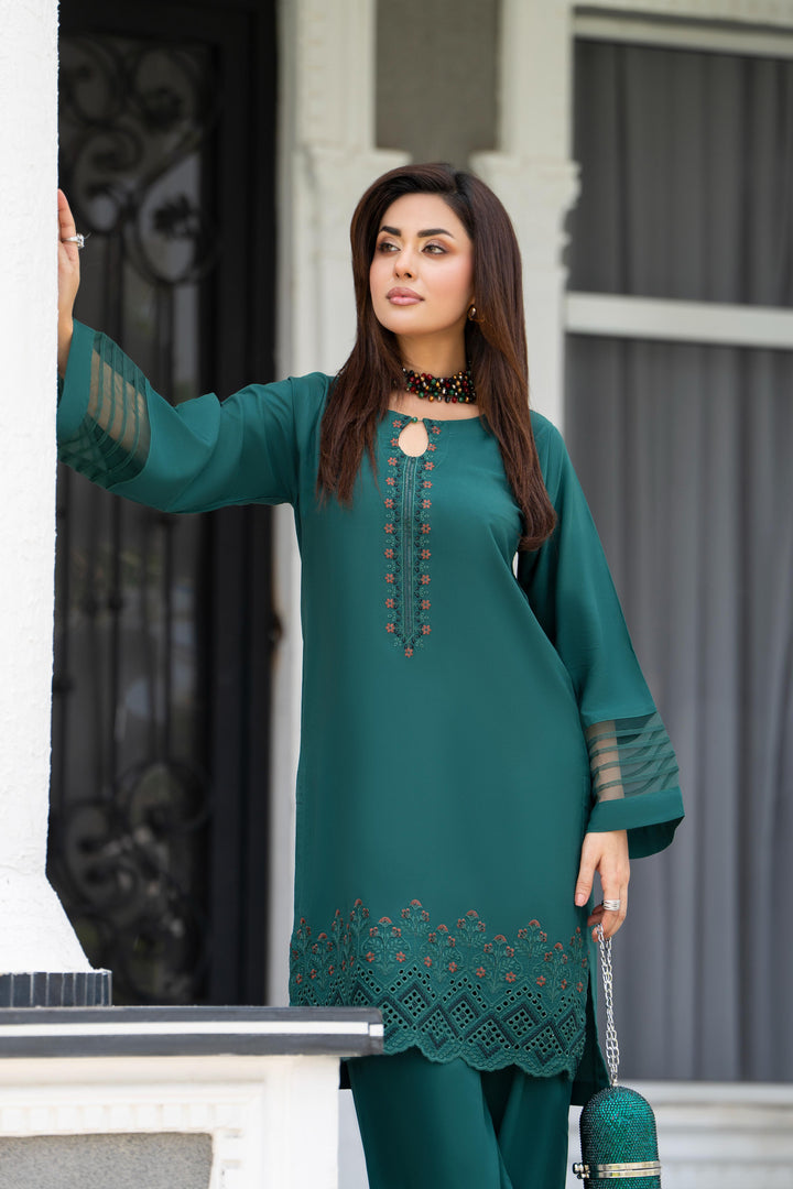 Embroidered Linen Green Stitched Suit - Raqsam