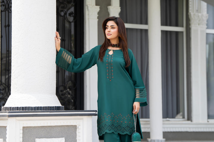Embroidered Linen Green Stitched Suit - Raqsam
