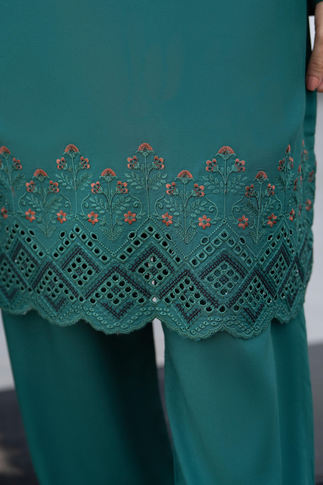 Embroidered Linen Green Stitched Suit - Raqsam