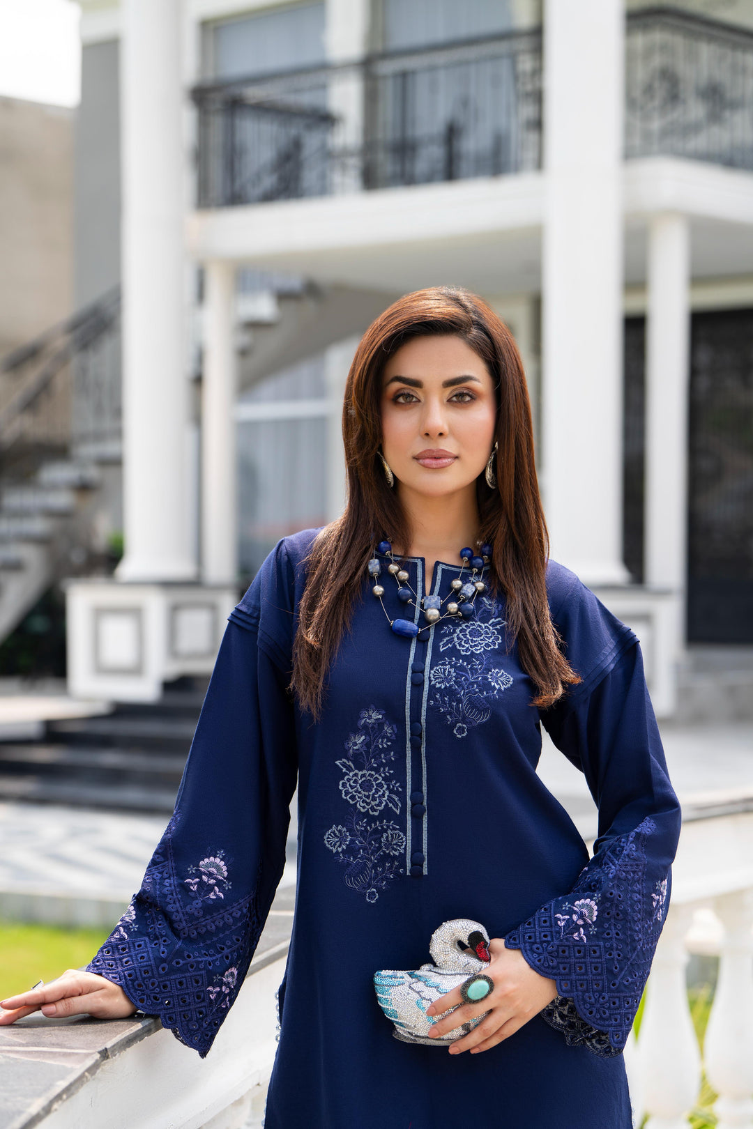 Embroidered Linen Blue Stitched Suit - Raqsam
