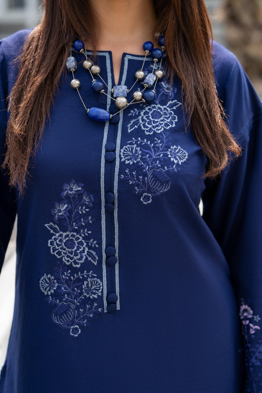 Embroidered Linen Blue Stitched Suit - Raqsam