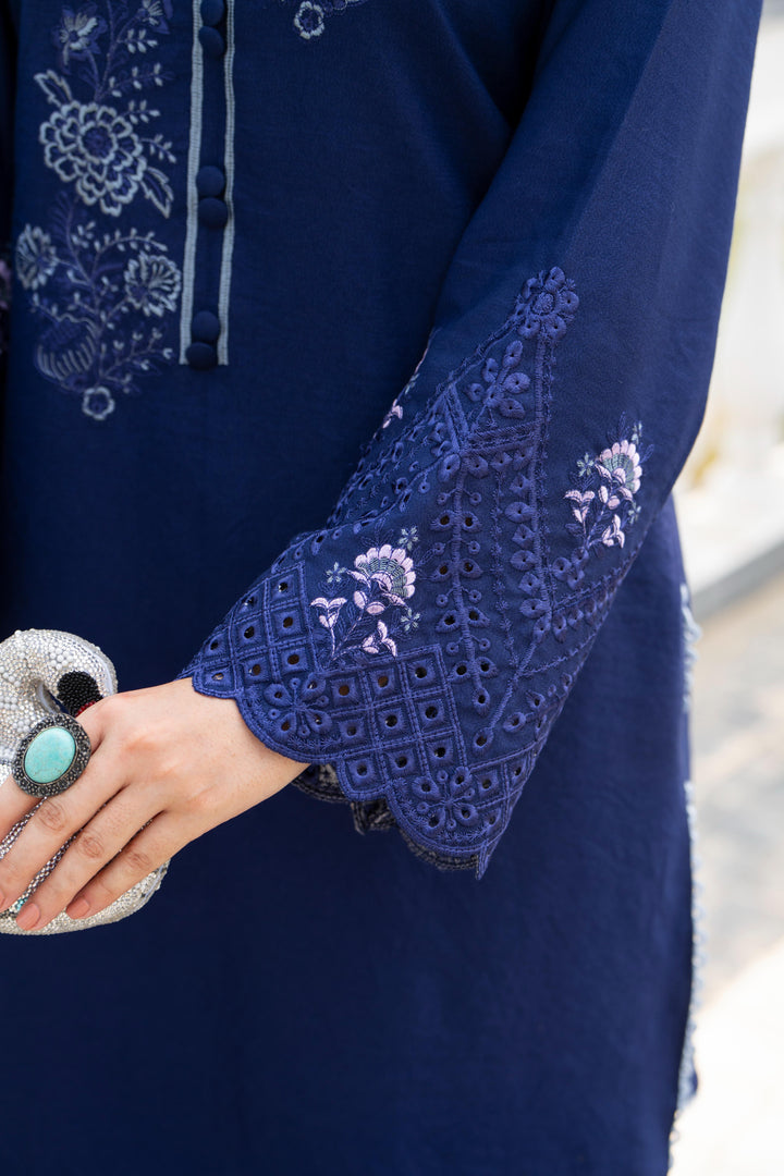 Embroidered Linen Blue Stitched Suit - Raqsam