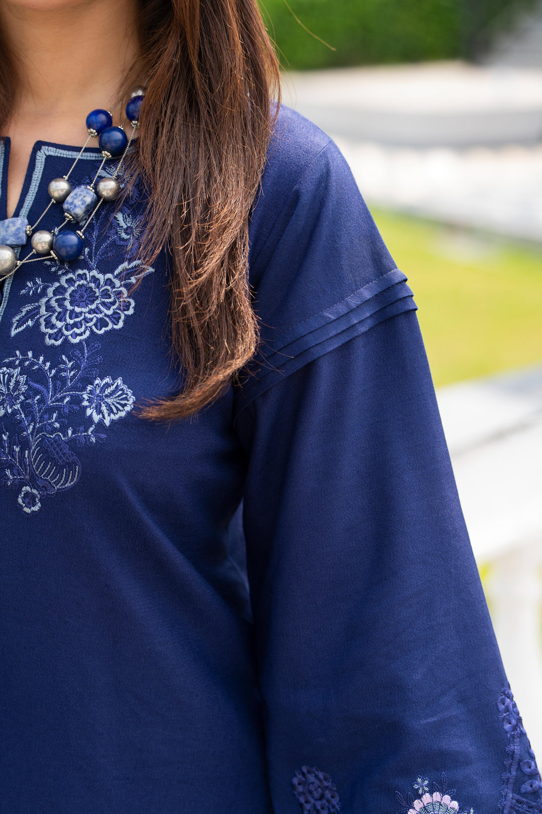 Embroidered Linen Blue Stitched Suit - Raqsam